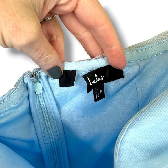 Lulus NWOT Delightful Beauty Blue Mesh Strapless Ruched Ruffled Maxi Dress - Picture 6 of 10